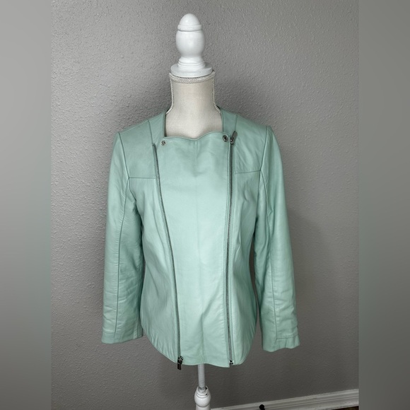 $445 Neiman Marcus Women's Green Leather Zip-Front Moto Coat Jacket Size M - Picture 5 of 16